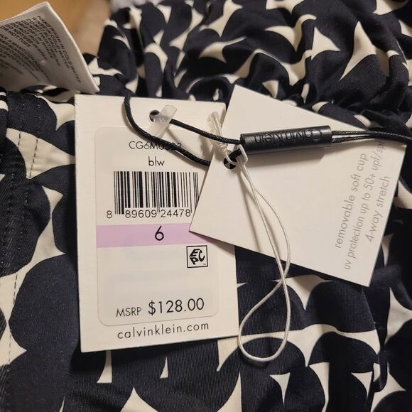 Calvin Klein Printed Plunge Swimsuit-BLACK WHITE-6 - Picture 5 of 6